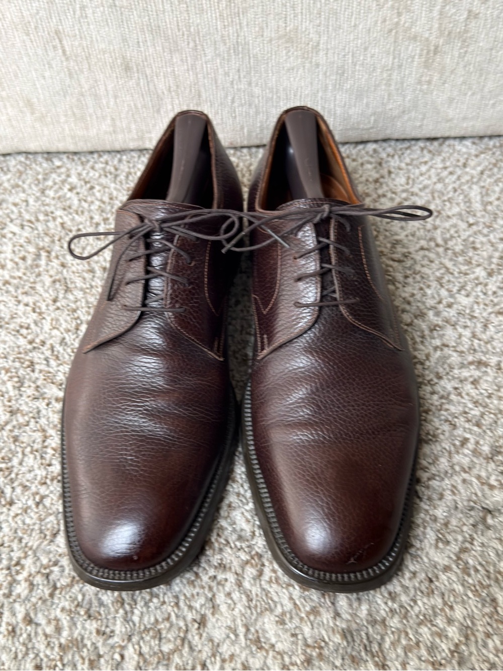 Santoni Men's Brown Pebble Grain Leather Plain Toe Derby Shoes Size 10.5 D Italy